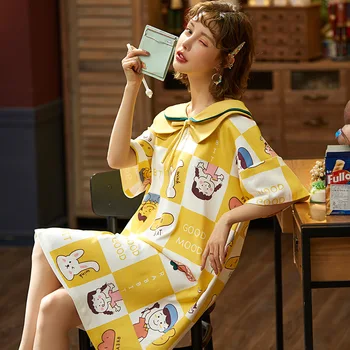 

Summer Cotton Women Nightdress Cartoon Turn-down Collar Nightgown Plus Size Women Soft Short-sleeve Sleepwear Home Clothes