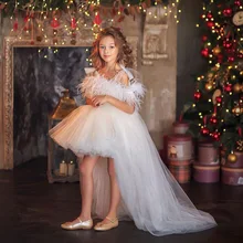 

Puffy Ivory Tulle Teenager Party Gown Satin Bow Feather Neck Flower Girl Dress Wedding Party Gown for Girls