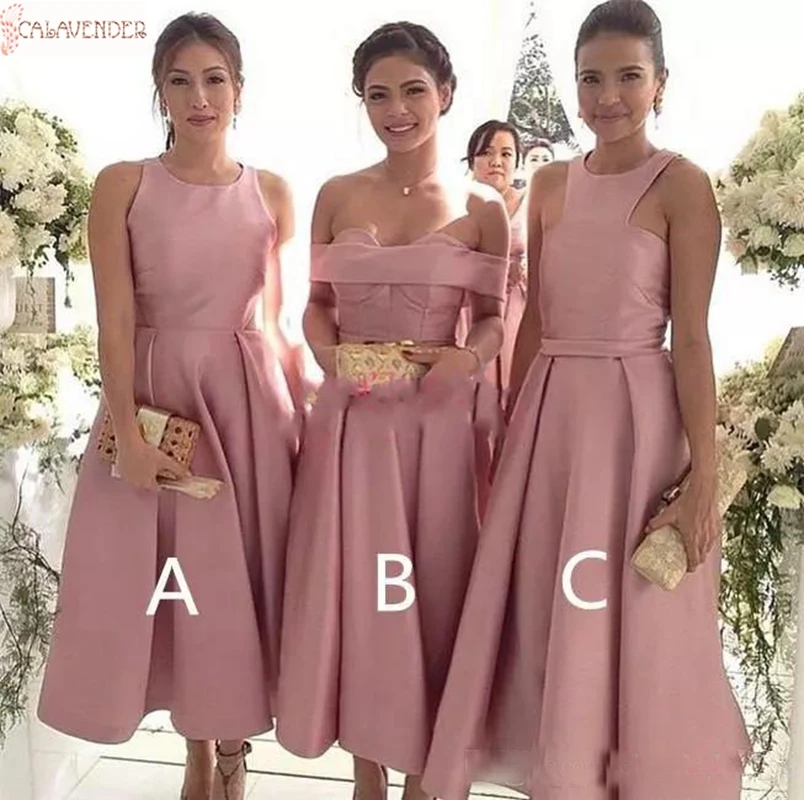 

Pink Satin Tea Length Bridesmaid Dresses A-Line 3 Styles Available Elegant Dress for Wedding Party vestido de mujer