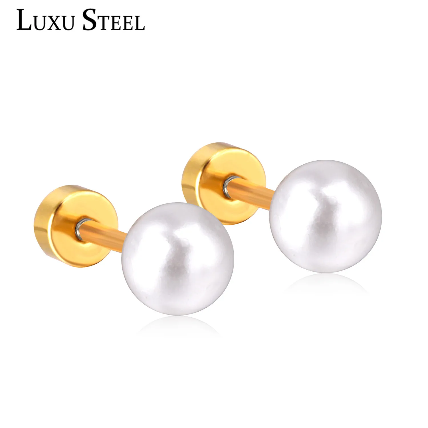 Женские круглые серьги-гвоздики LUXUSTEEL из нержавеющей стали с имитацией жемчуга