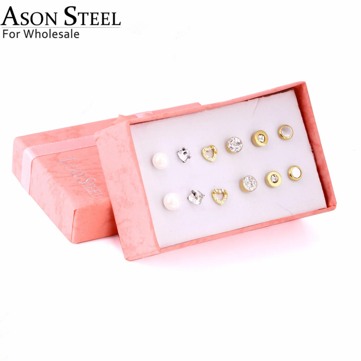 ASONSTEEL Zirconia Earrings Round Gold Color Women Titanium Steel 6pairs/box Earring Sets Wedding Jewelry Bijoux | Украшения и