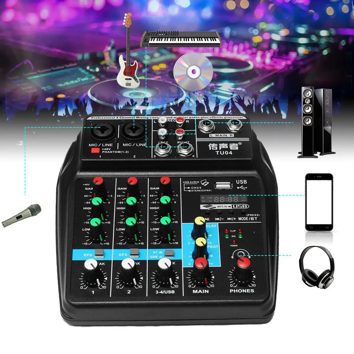 

48V Mixer Console USB Audio with bluetooth Record Phantom Power 4 Channels