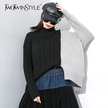 

TWOTWINSTYLE Patchwork Hit Color Sweater For Women Turtleneck Long Sleeve Side Split Irregular Oversized Pullovers Female 2020