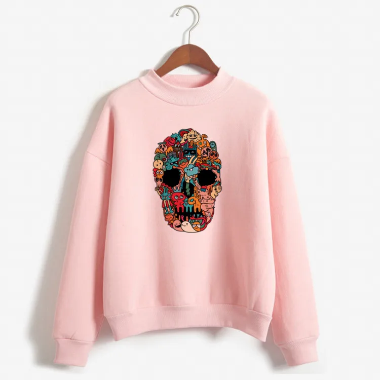 

Artistic Skull Patchwork Pattern Print Hoodies Women Pink Hoodie Girls Ladies Long Sleeve Coat Spring Autumn Out-clothes Tops