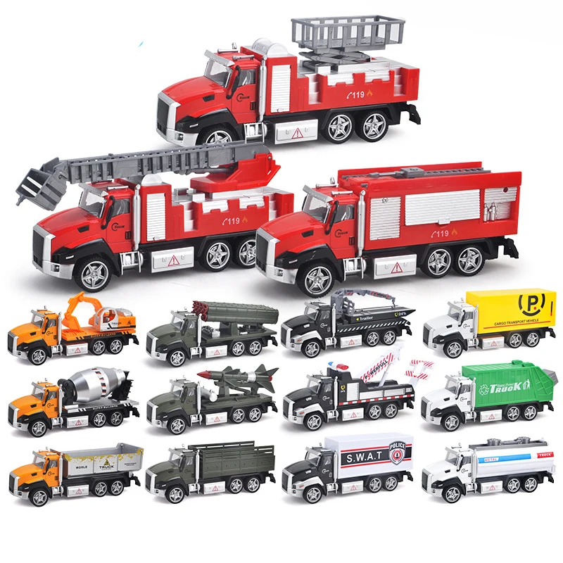 15 Kinds 1:42 Engineering Truck Toy Model Alloy Diecast Vehicle Music Light Excavator Fire Military Truck Toys for Children Y169 6pcs set boys construction vehicle fire truck model set mini pull back car toy children birthday holiday gift