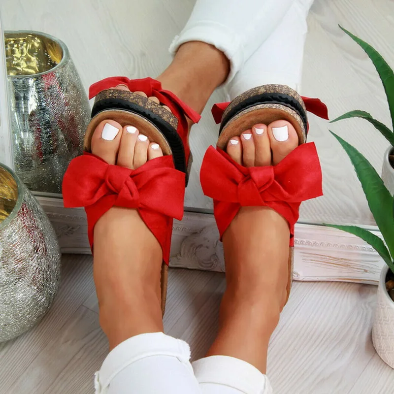

Summer Womans Slip On Sliders Bow Flatform Mule Sandals Comfy Plus Sizes Indoor Outdoor Flip-flops Beach Shoes
