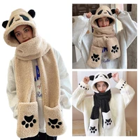 Cute Panda Hat Scarf Gloves 3-piece Set Plush Fluffy Cartoon Hat Women Winter Animal Paws Windproof Hoodie Cap Scarf Mitten 1