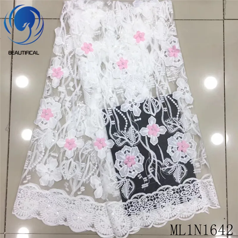

BEAUTIFICAL african lace fabrics 3d flowers net lace fabric with beads Fashion white embroidery flowers french lace ML1N1642
