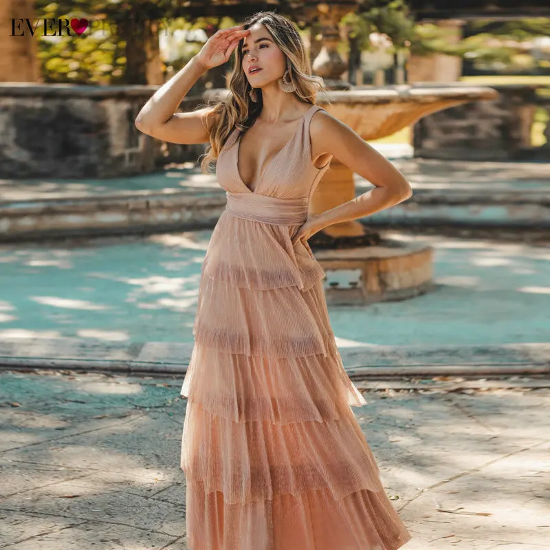 Black Prom Dress 2020 Ever Pretty EZ07766 Sexy V-neck Rufflues A-line Sleeveless Blush Pink Formal Party Gowns Robe De Soiree