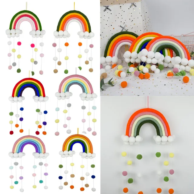 Home Decor Rainbow Fur Balls Handmade Weaving Tapestry Nordic Kids Children's Room Decor Nursery Baby Room Wall Hanging Toys 1