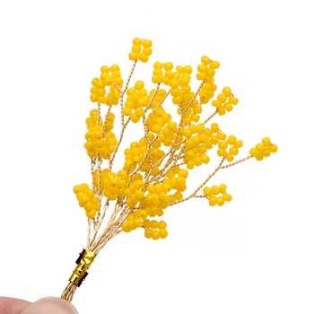 

10pcs Beaded Leaf Sprigs on Gold Wire, Flower Tassel Hair Accessories, Seed Glass Beads Branch, yellow (FB-050-2)