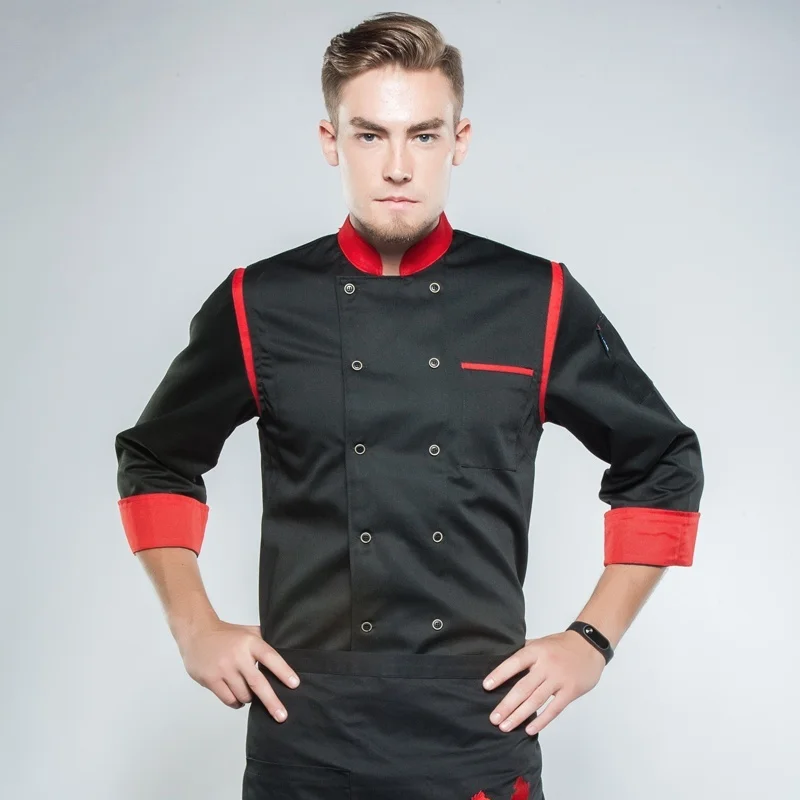 Black Chef Jackets Long Sleeve With Red Collar And Button. . UNISEX 