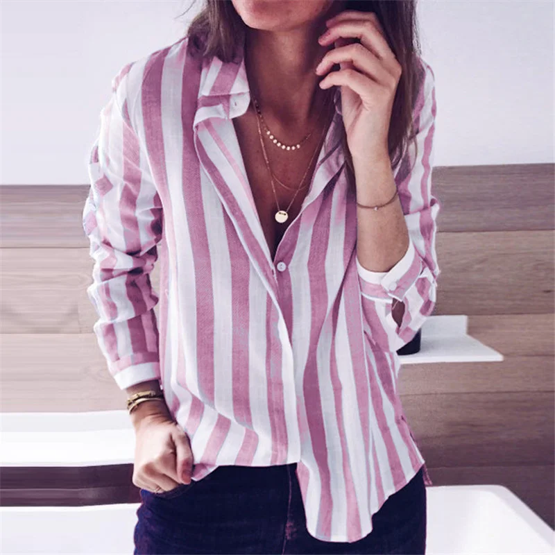Женская винтажная полосатая блуза с пуговицами, длинный рукав, отложной воротник, Офисная Женская рубашка, осень, новые модные женские топы и блузки - Цвет: Розовый