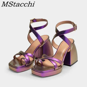 

Mstacchi Cross Strap Women High Heel Sandals Genuine Leather Square Head Solid Color Fashion Madam Shoes Sapatos Das Mulheres
