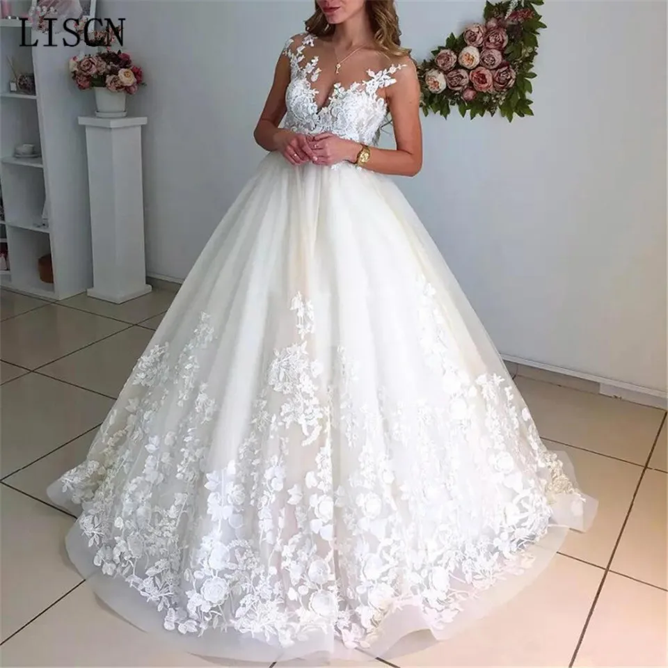 

Custom New Princess Beach Boho Cap Sleeve 3D Lace Sexy Backless A Line Wedding Dress Tulle Appliques Summer Long Bridal Gowns