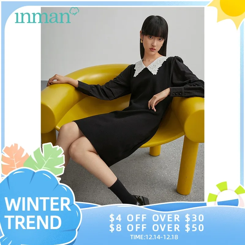 INMAN осеннее шерстяное платье с повязкой женское белое ажурное вышитое воротником