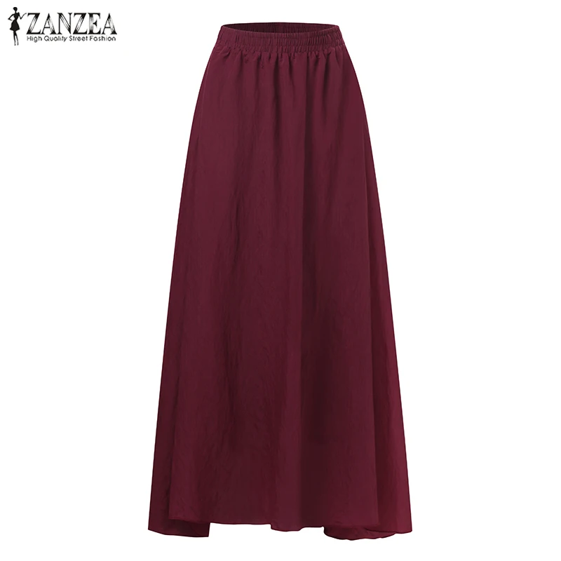 ZANZEA, Женская юбка больших размеров 5XL, осень, винтажная Женская эластичная юбка с высокой талией, элегантная женская Повседневная Свободная однотонная длинная юбка