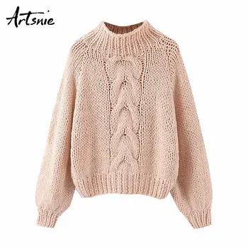 

Artsnie streetwear turtleneck sweater women winter casual long sleeve pull femme vintage loose knitted cotton sweaters jumper