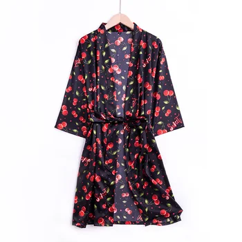

Cute Sexy Bath Robe cherry print silk home clothes ice silk pajamas nightgown women summer yukata robe bathrobe dressing gown