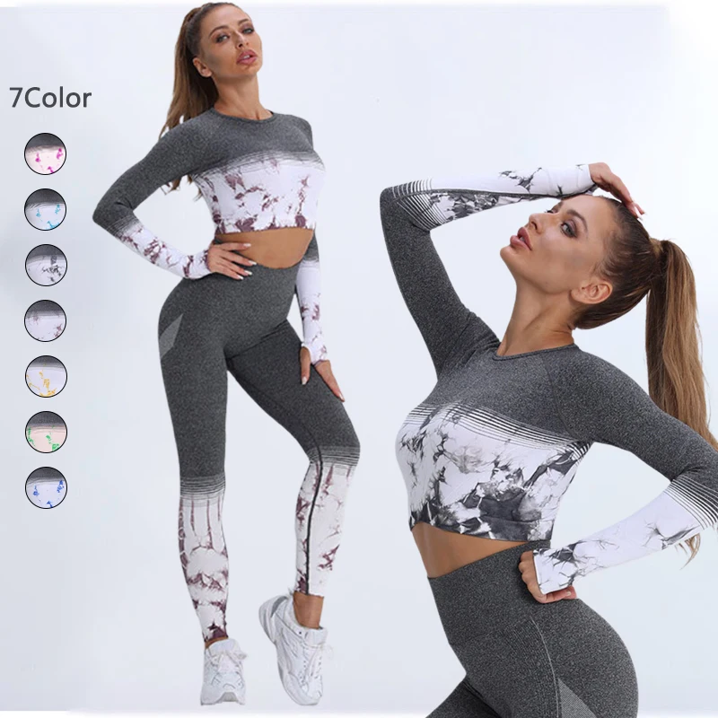New Dyeing Seamless Yoga Set Women Printed Fitness Suit Sportswear