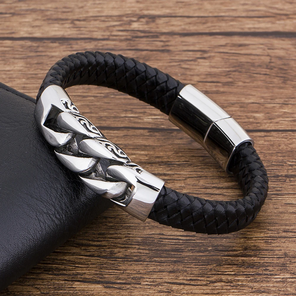 Bracelet Men Charm Birthday-Gift Stainless-Steel Magnetic Genuine-Leather Friend