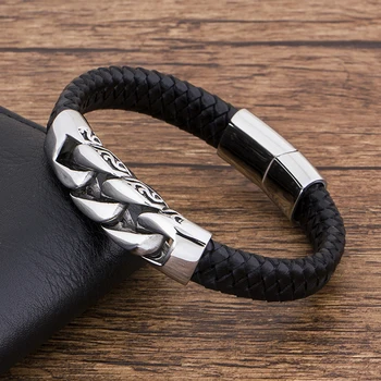 Charm Genuine Leather Black Stainless Steel Magnetic hk Bracelet Men Birthday Gift For boy friend