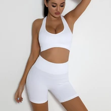 Conjunto sem costura feminino, 2 peças, sutiã esportivo com cintura alta e bermuda, roupa de ginástica sexy para mulheres