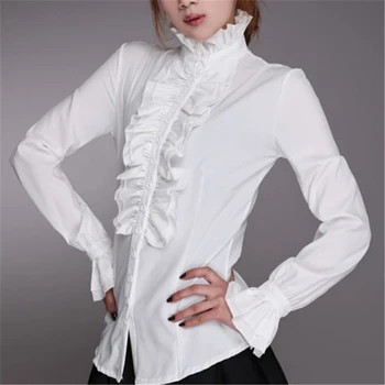 

Victorian Women Ladies Bell Long Sleeve Shirts High Neck Frill Ruffle Blouse OL Office Lady Shirts Ruffle Cuff Shirts Clothing