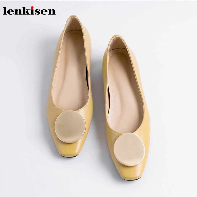 

Lenkisen real cow leather square toe low heels Increase within sweet style metal decorations slip on wear simple women pumps L72