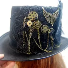 Handmade Steampunk Retro Vintage Top Hat Gothic Wool  Hats With feather Gears Lace Wings Chain Party Accessories