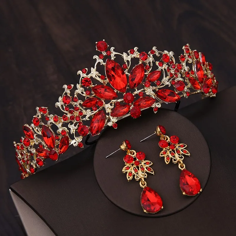 Baroque Vintage Red Crystal Bridal Hair Jewelry For Wedding Tiaras And Crowns With Necklace Earrings Sets Princess Queen Diadems jewelry accessories jewelry set hair accessory bridal headwear