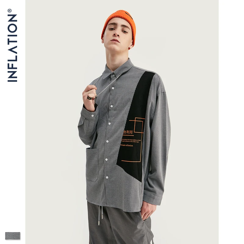 

INFLAITON 2019 AW Men Button-Down Shirt Harajuku Hip Hop Long Sleeve Men Shirts Loose Fit Men Casual Shirt Brand Men Shirt 92125