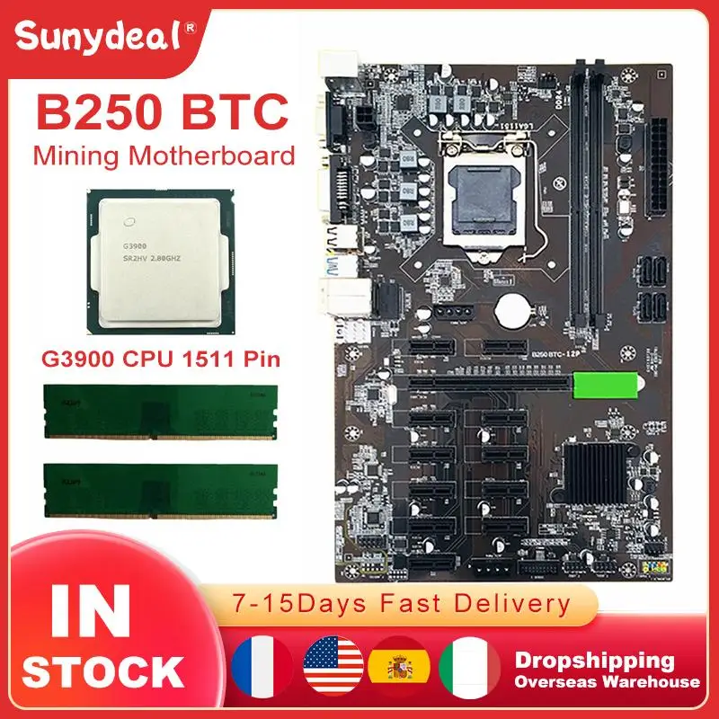 BTC B250 Mining Motherboard processor and memory kit PCIe x16 CPU G3900
