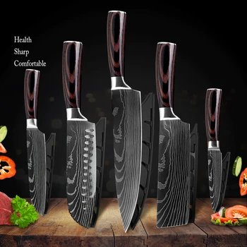 

Zemen German Stainless Steel Knife Set 5-Piece Kitchen Knife Set with Protective Knife Cover Sheath Covers Case Chef Cleaver