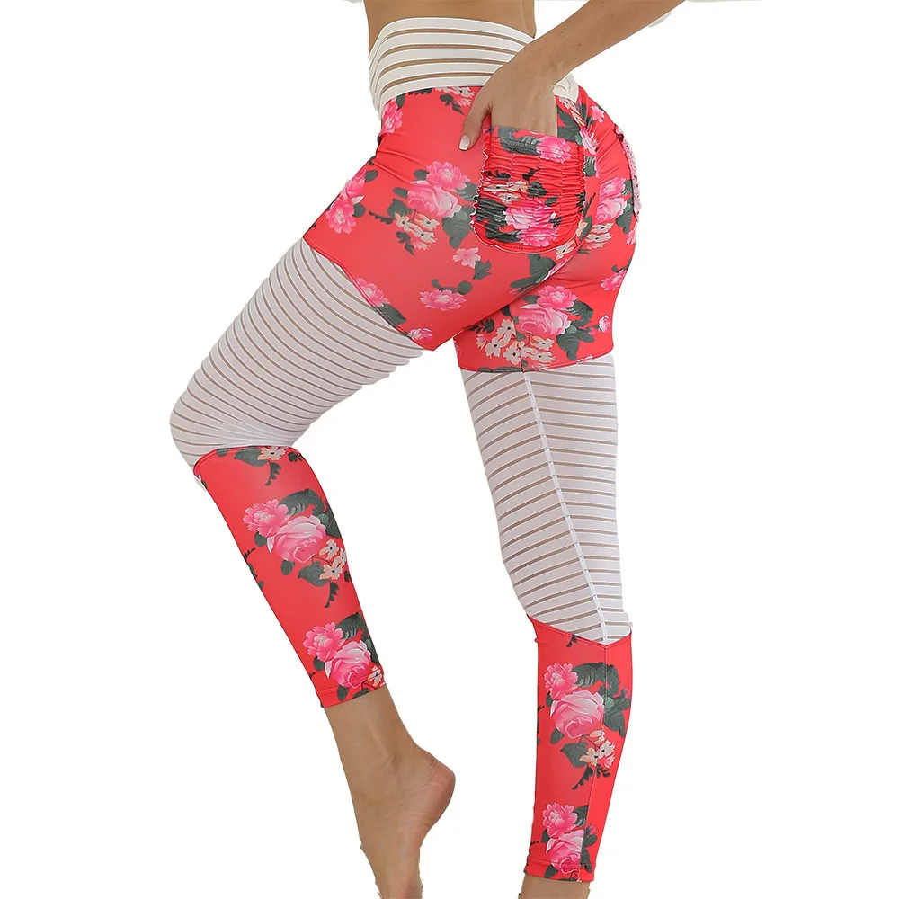 Print stitching fitness pants personality creative leggings high waist hip high elastic sports female four needle six-line