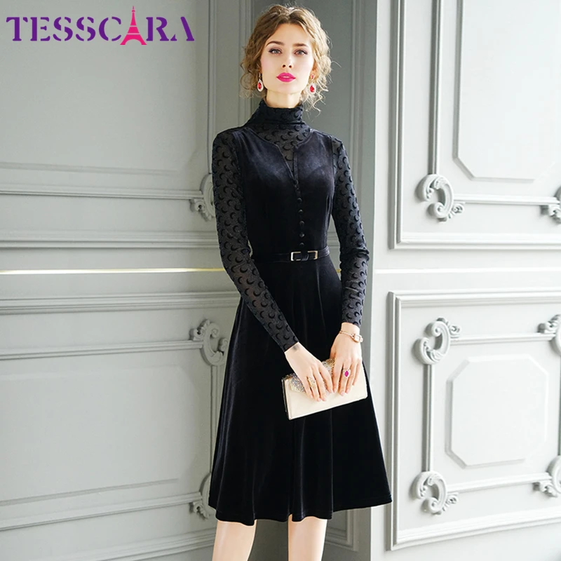 TESSCARA женское осеннее и зимнее элегантное бархатное платье Festa женские сетчатые дизайнерские вечерние платья высокого качества с высоким воротником Vestidos