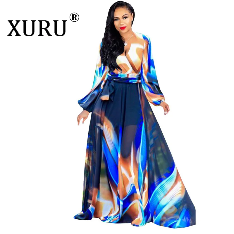 XURU Для женщин шифоновое платье Цветочный принт с v-образным вырезом пляжный большой Размеры длинное платье S-5XL элегантные женские, повседневные, свободные платья - Цвет: 08A2221