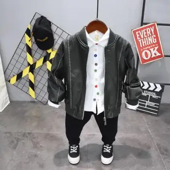 

Children's jacket shirt suit clothing set cotton baby boy imitation leather coat and shirt and pants 3 piece suit clothing