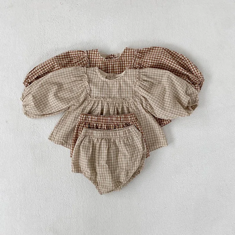 Baby Girls Suit 2022 Baby Girls Clothes Little Plaid Infant Girls Clothes Set Puff Sleeve Blouse + Bloomer 2pcs Toddler Clothes baby clothes mini set