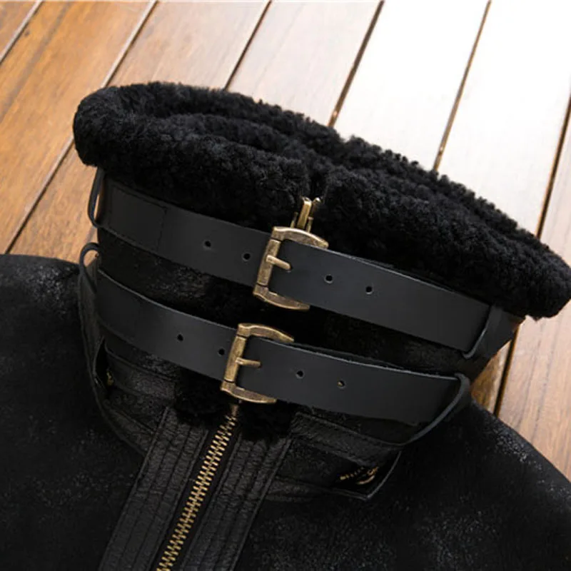 Luxury Double Collars Long Zipper Till the End of Collars Black Thicken Real Natural Shearling Fur Jacket Slim Genuine Leather