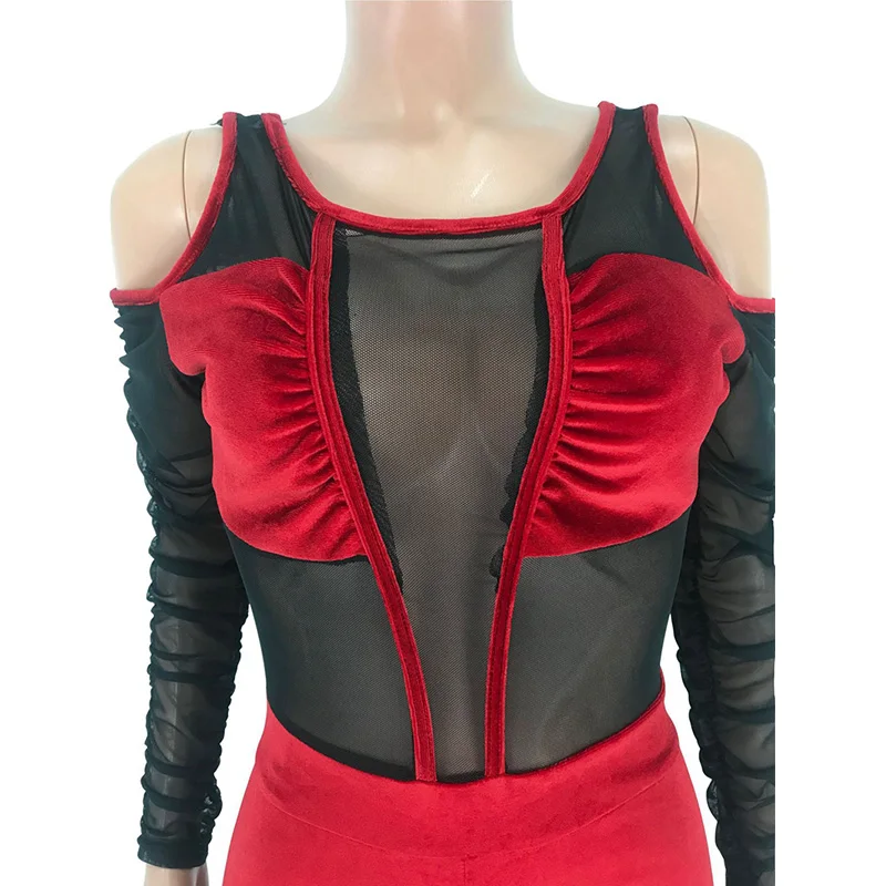 Elegant Sexy Jumpsuits for Women 2020 Long Sleeve Patchwork Mesh Black Bodycon Jumpsuit Rompers Backless Party Club Jumpsuit