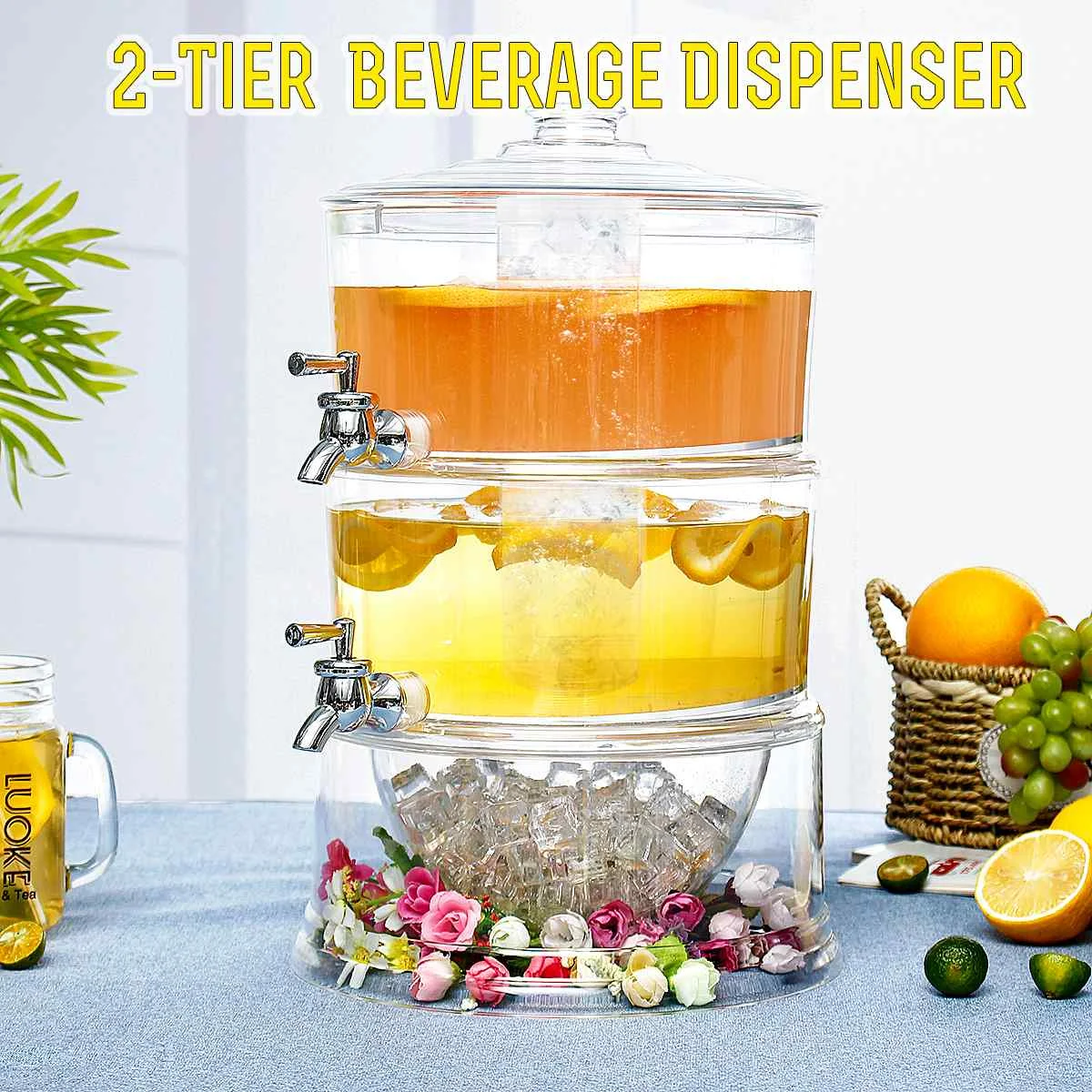 

2 Layers Manual Juice Dispenser Cold Drink Lemonade Beverage Cooler Holder 2 Taps Container Kitchen Party Bar Tool Barware