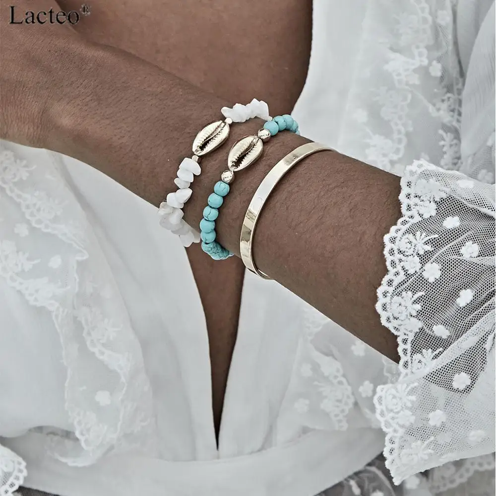 

Lacteo 3 Pcs/set Bohemian Natural Stones Chain Bracelet Bangle Statement Golden Alloy Sea Shell Charm Bracelet Female Jewelry