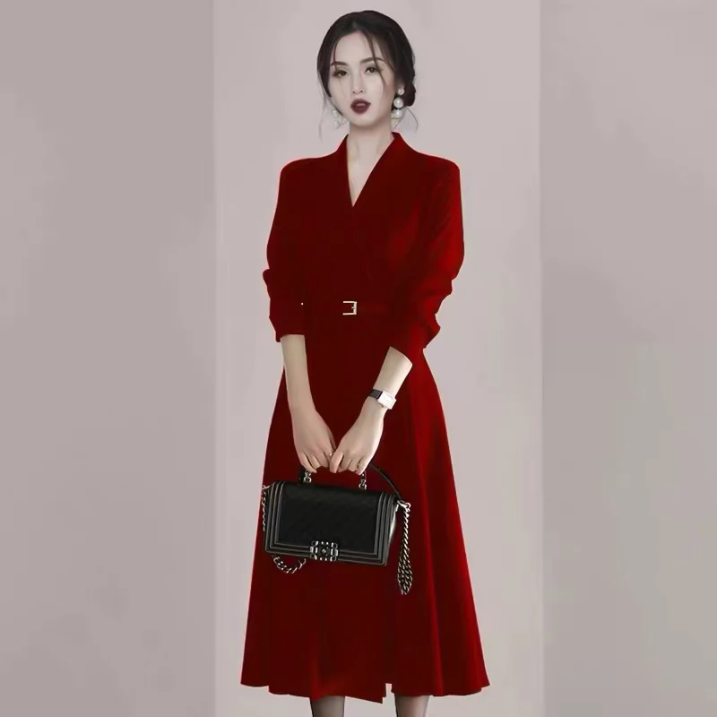 

Vintage Hepburn Lace-Up Dress Women Winter New Fashion V-Neck Dresses Korean Casual Evening Party Club Dress Vestidos