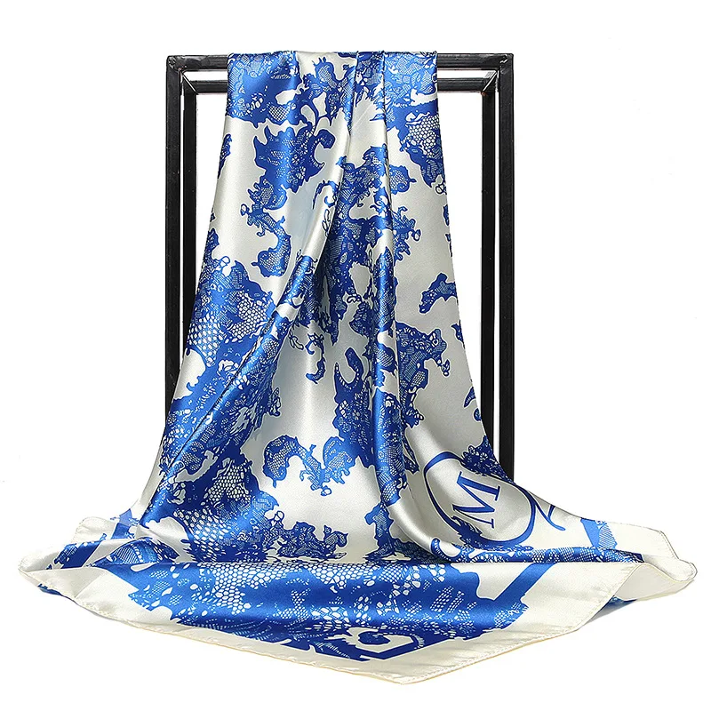 

Silk Scarf for Women Fashion Letter Print Foulard 90cm Square Bandana Ladies Head Neckerchief Brand Quality Satin Hijab Scarf