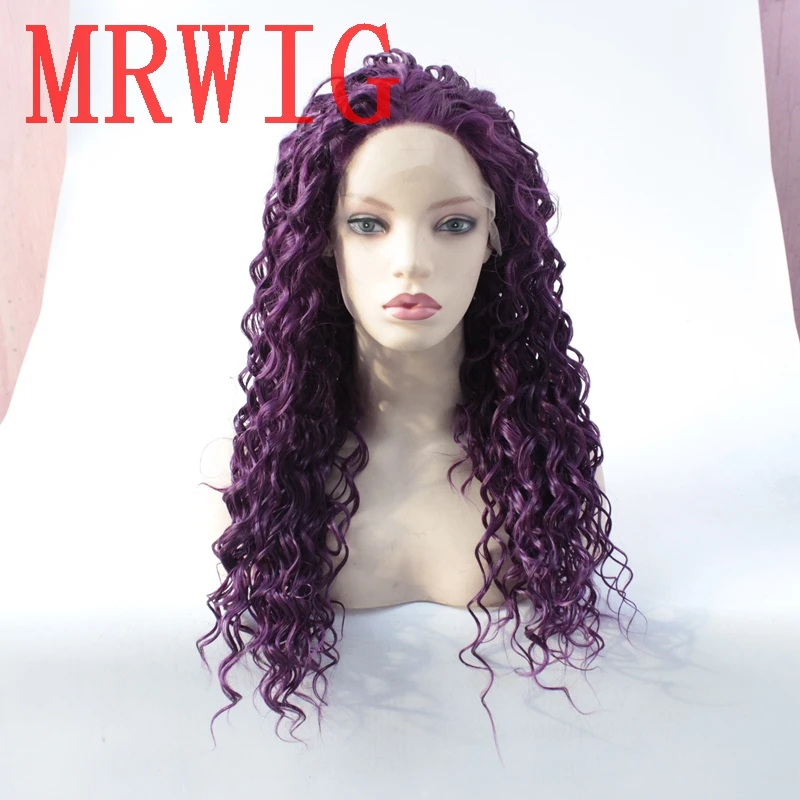 MRWIG Free Part Kinky Curly 130#/99J/Purple Synthetic Heat Resistant Fiber Front Lace Wig 26in 150%Density
