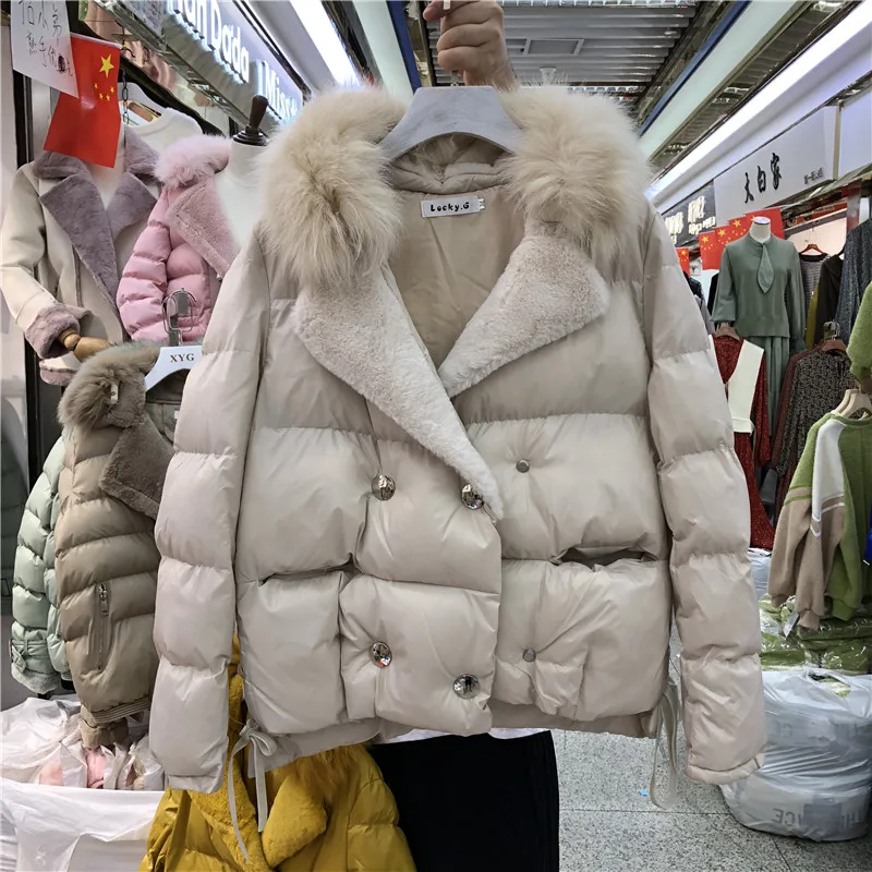 Бежевый Новинка зимы, корейский пуховик из хлопка, женская короткая куртка с меховым воротником и хлопковой подкладкой из овечьей шерсти, комбинированная парка, пальто - Цвет: Бежевый