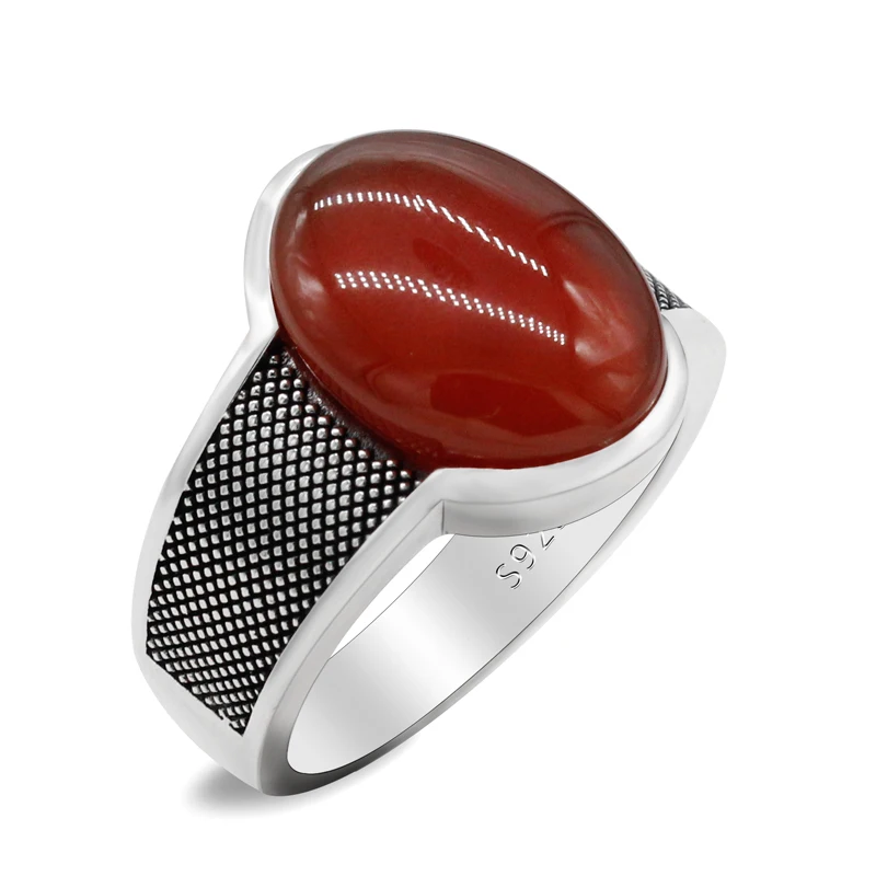 To Husband Gift 925 Sterling Silver Red Agate Ring for Men Big