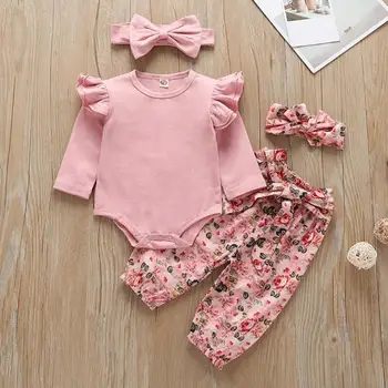 

Baby Long Sleeve Romper Tops Flower Print Autumn Baby Girls Clothes Set Trousers Headband Outfits for Baby Clothes Infant