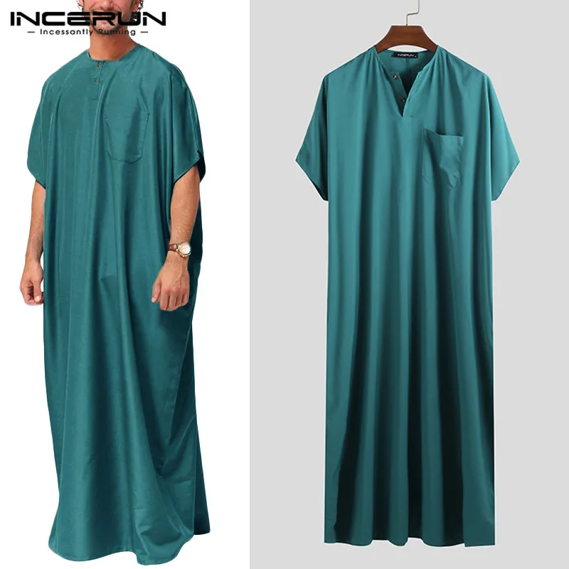 INCERUN jubba tobe мужской исламский, Арабский Кафтан сплошной короткий рукав свободные ретро-платья abaya Ближний Восток мусульманская одежда плюс размер 7